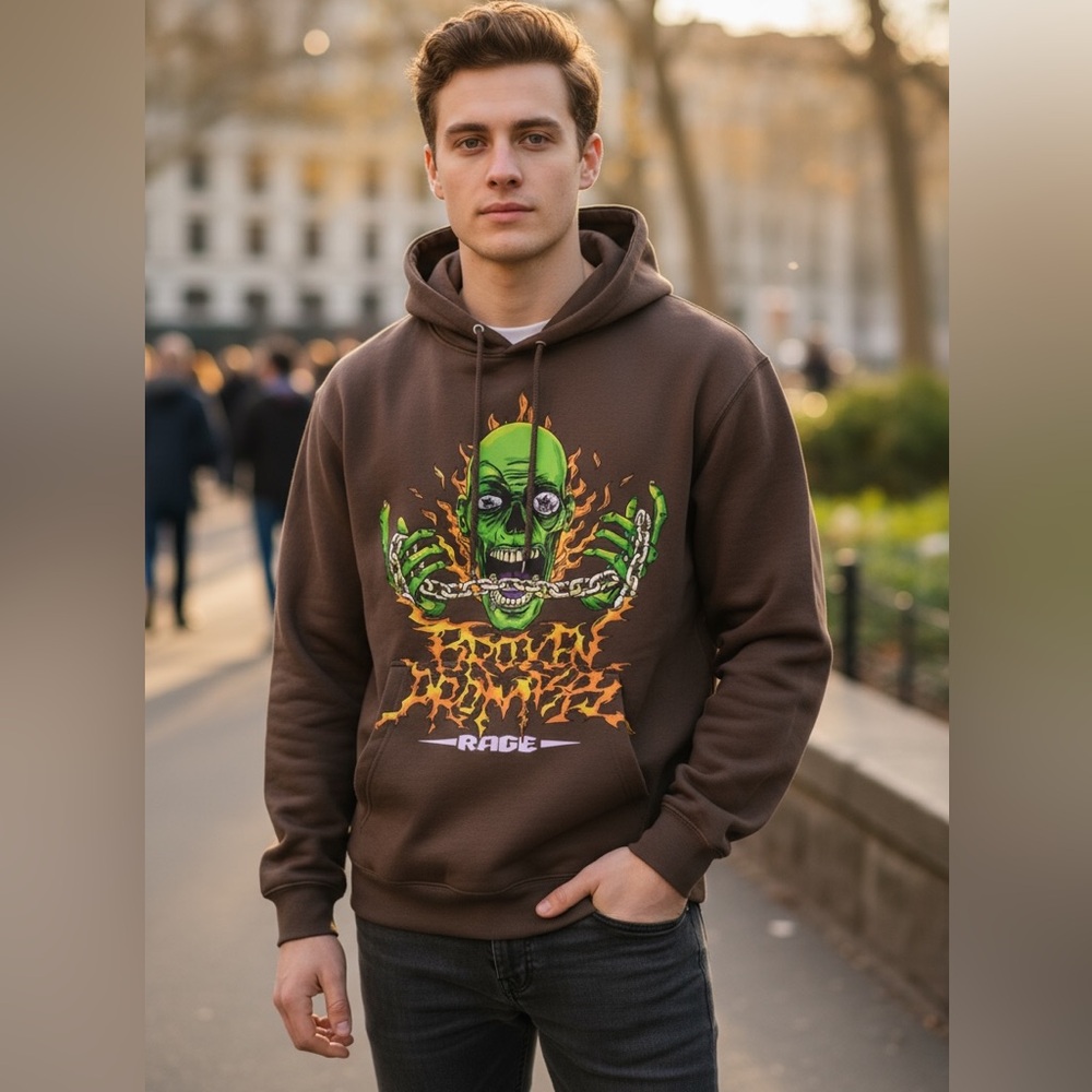 Broken Promises Brown Hoodie with Green Skull Graphic Pullover size Large